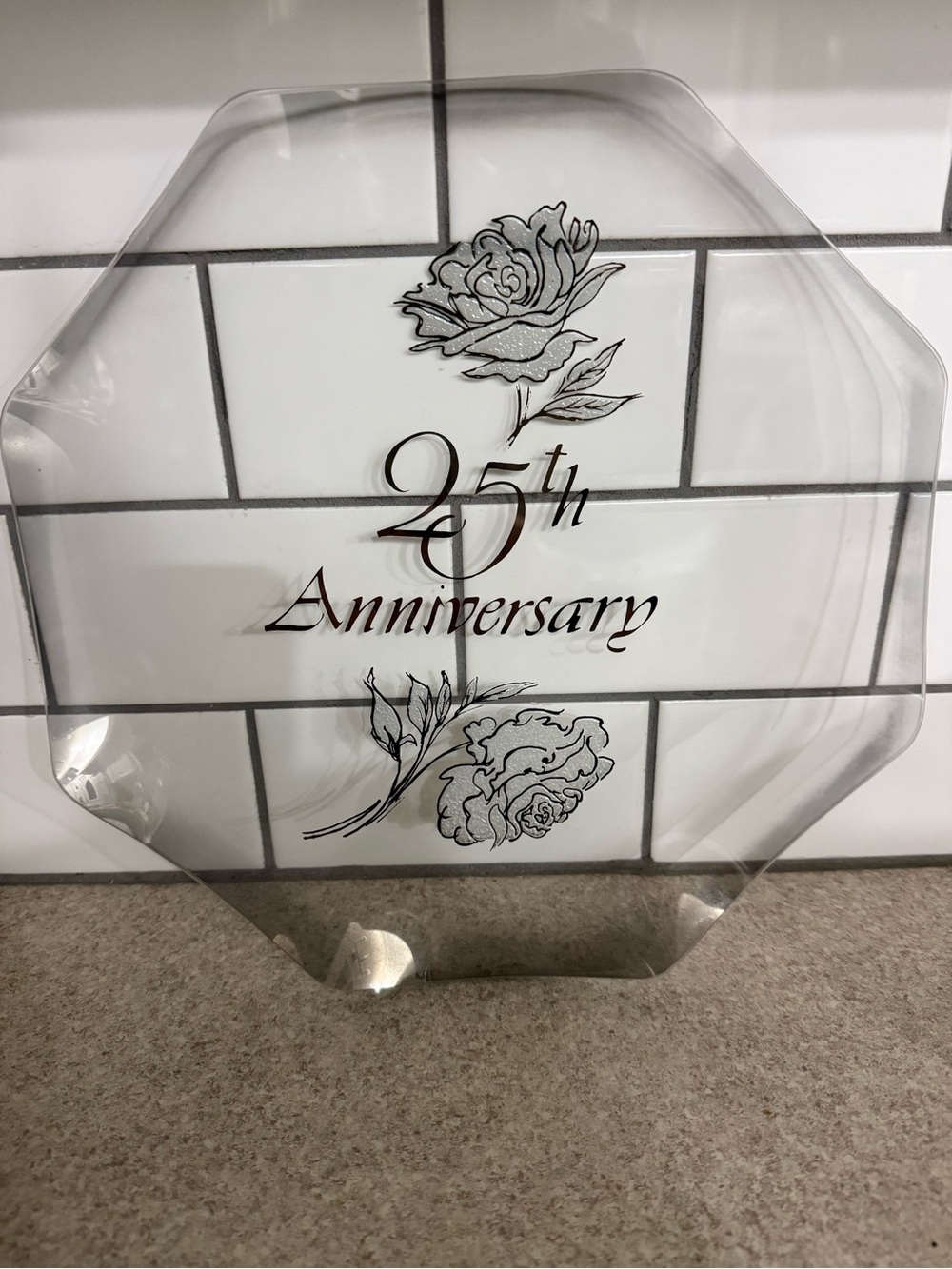 Vintage Octagonal Clear Glass 25th Wedding Anniversary Commemorative Plate